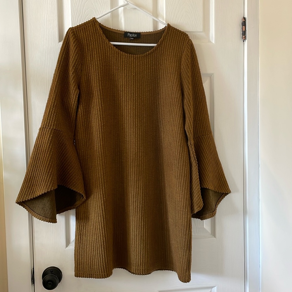 Papillon mustard gold brown bell sleeve mod style dress